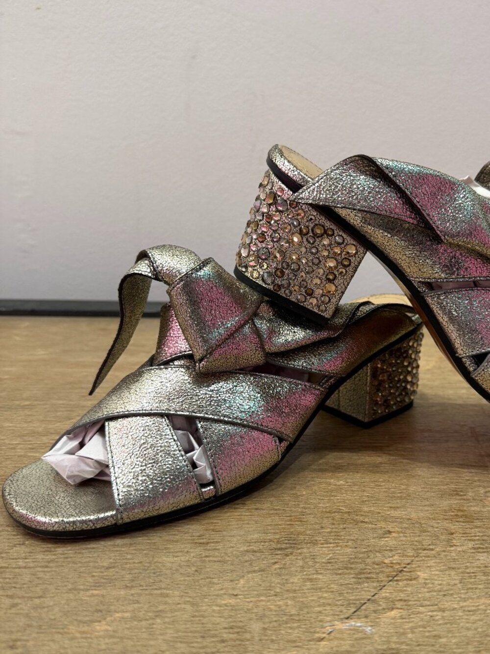 Chloe Silver Metallic Leather Rhinestone Crystal Block Heel Mule Slides 38.5 - Picture 3 of 14